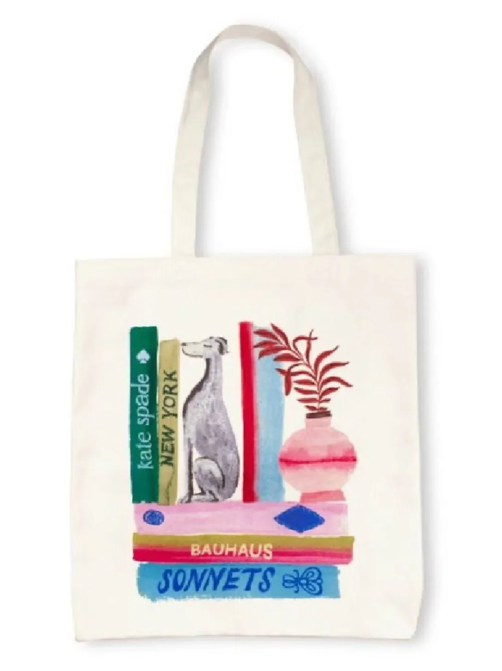kate spade Ivory Multi Bookshelf Dog Figurine Canvas Tote Bag